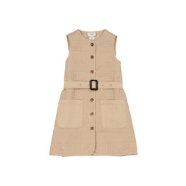 베이지 로고 퀼팅 슬리브리스 드레스