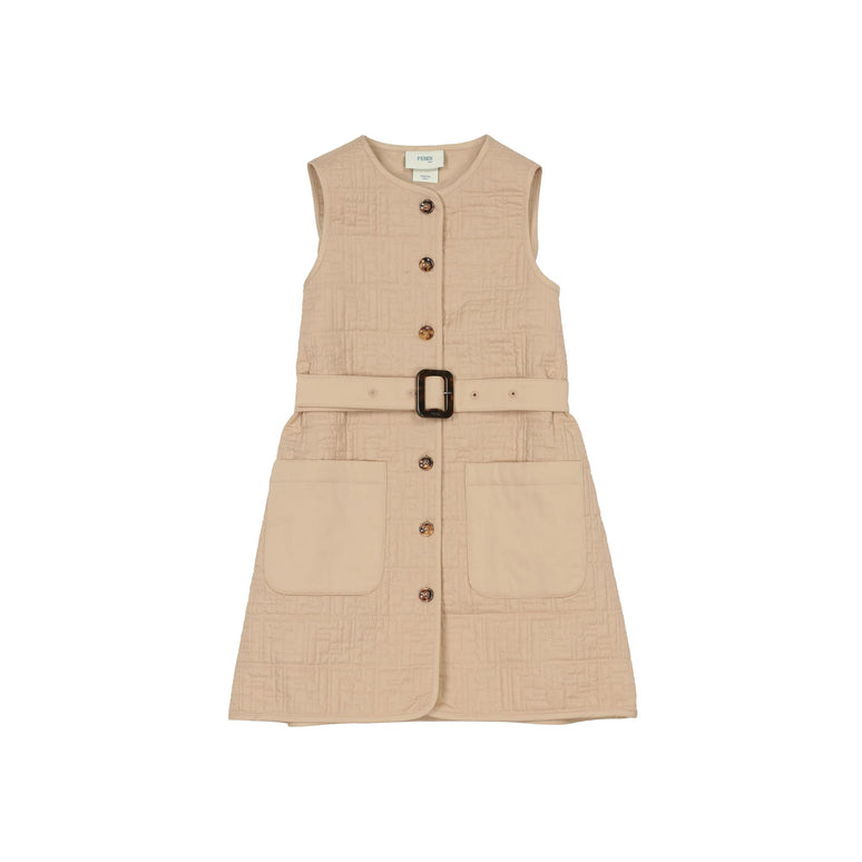 베이지 로고 퀼팅 슬리브리스 드레스