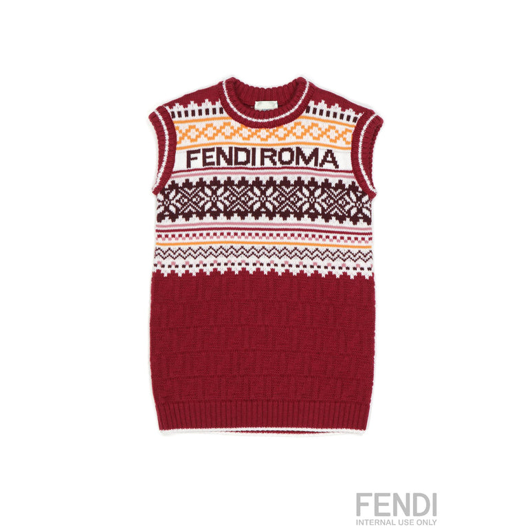 버건디 레드 패턴 울 슬리브리스 드레스