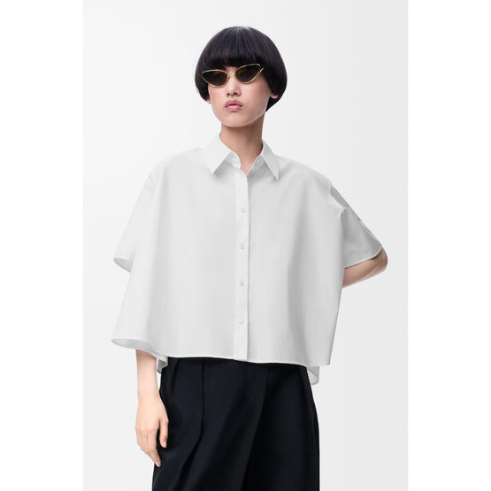 SHORT SLEEVE TRAPEZE SHIRT_COTTON_WHITE
