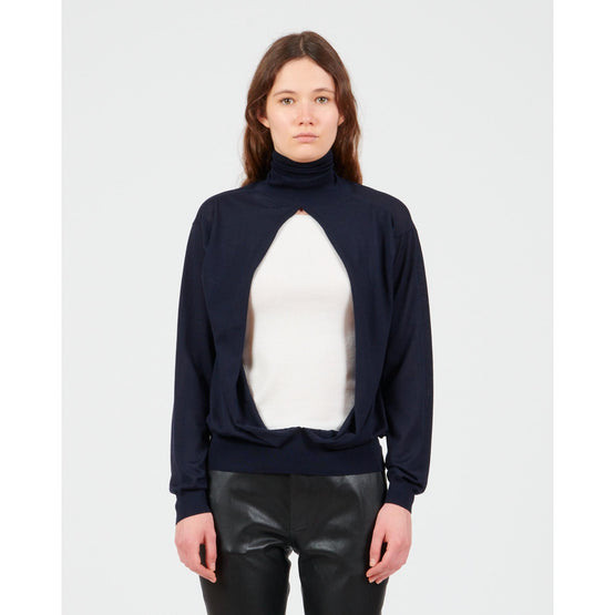 DOUBLE LAYER SWEATER_WOOL_NAVY/WHITE